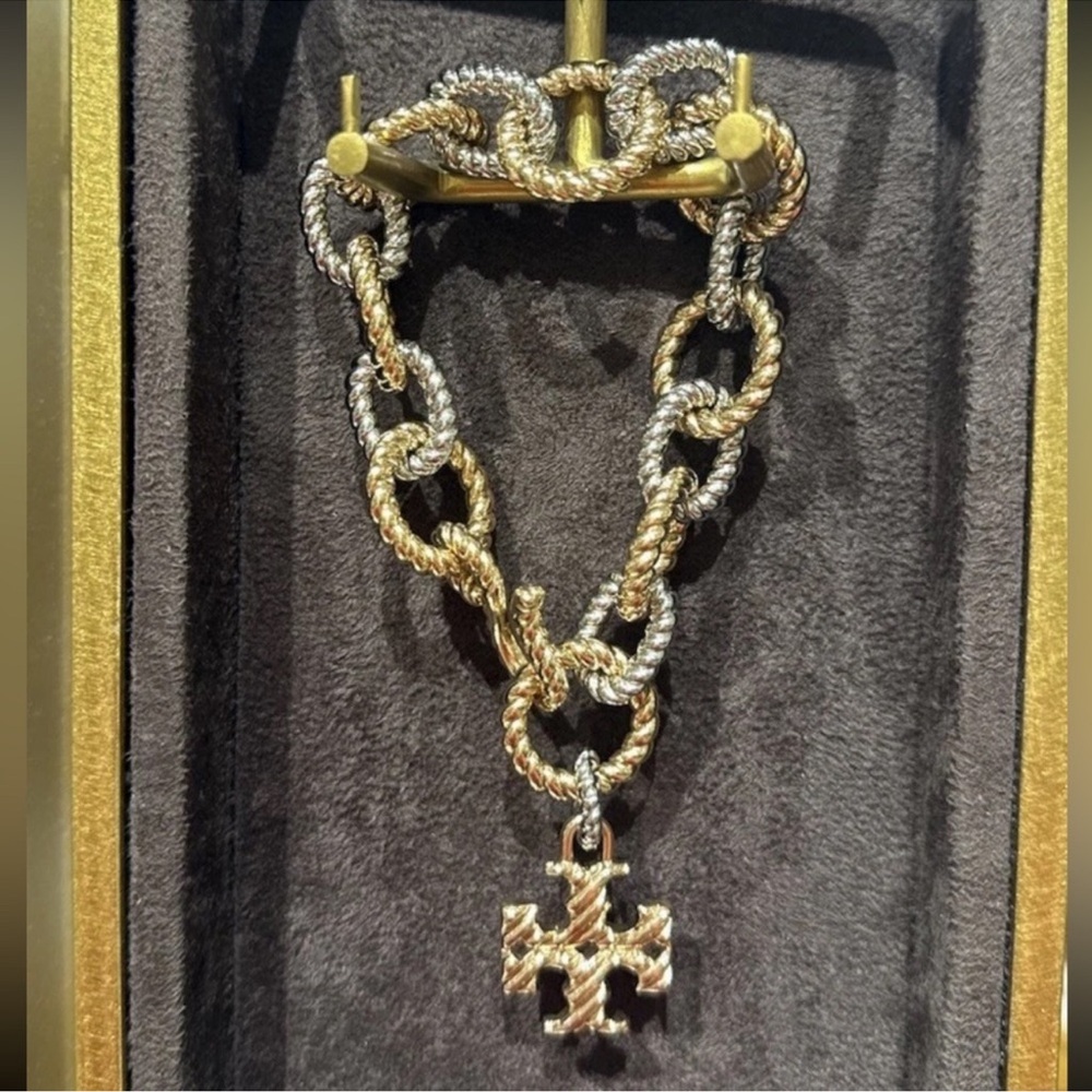 Tory Burch Textured Rope Mixed Metal Silver Gold  Necklace Bracelet Set NWT $550 - Picture 4 of 5